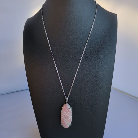 925 Sterling Silver Natural Gemstone Rhodochrosite Pendant‎ Necklace with Pouch - Picture 2 of 7